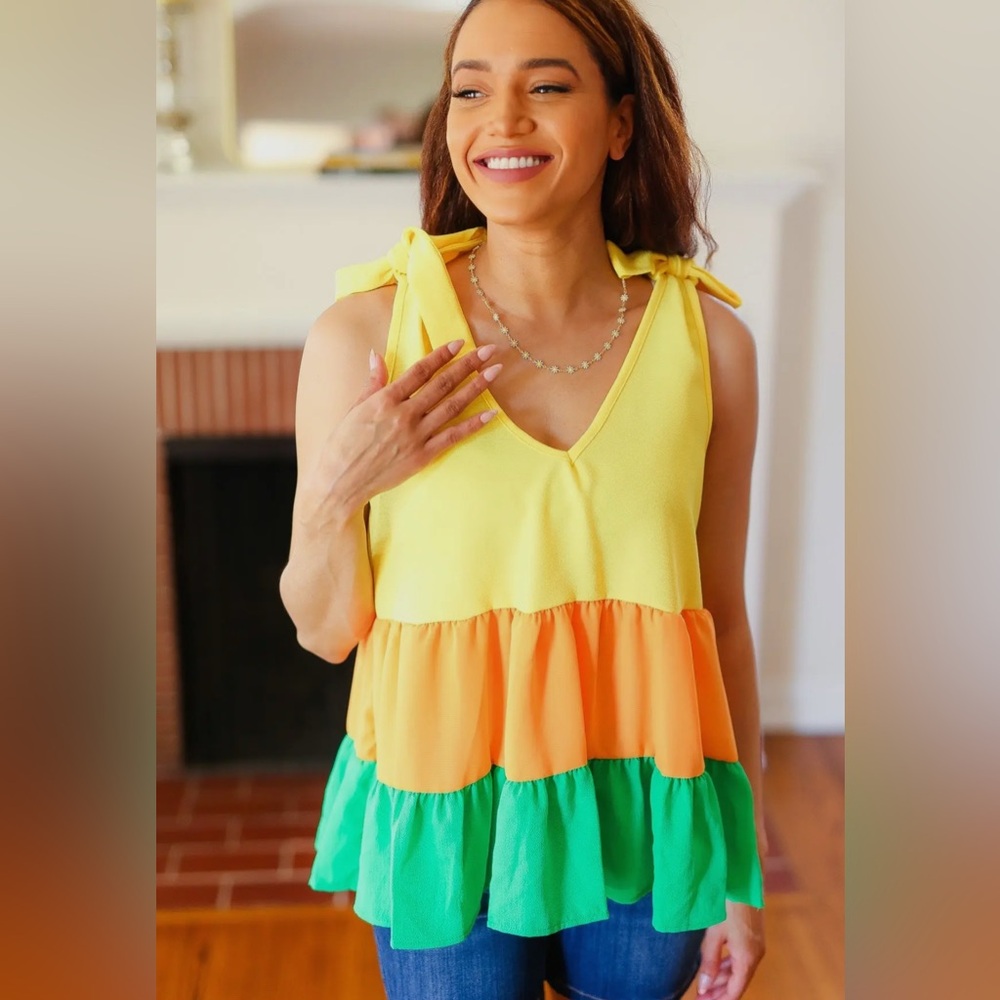 Haptics Color Block Ruffle Teared Tank Blouse